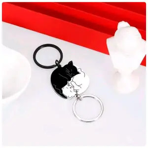 Couples Keychain - Ying-Yang Kitty Keychain with Keyring