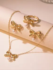 French Bow Pearl Jewelry Set, Necklace + Ring + Earrings Trio, Anti-Oxidation, Adjustable Design, Elegant Luxury Gift