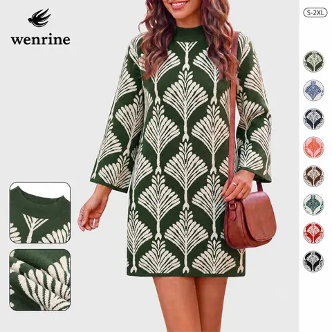 Wenrine Women's Knitting Casual A-Line Mini Dress - 3/4 or Long Sleeves, Mock Neck, High Waist, Loose Fit, Floral Pattern, Breathable Sweater Style, Minimalist Pull-On Design for Fall Winter, Dresses for Women, A Line Dress