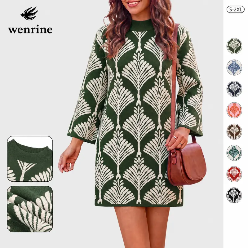 Wenrine Women's Knitting Casual A-Line Mini Dress - 3/4 or Long Sleeves, Mock Neck, High Waist, Loose Fit, Floral Pattern, Breathable Sweater Style, Minimalist Pull-On Design for Fall Winter, Dresses for Women, A Line Dress