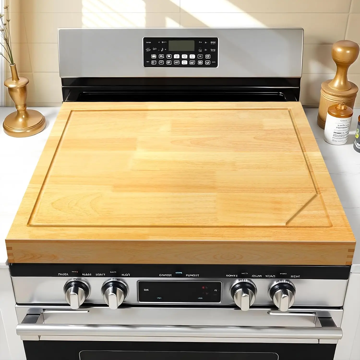 Multi-Use Rectangular Solid Natural Wood Cutting Board - 4-in-1 Portable Stove Cover with Handles, Lightweight for Electric & Gas Stoves, 30"x22" Kitchen Utensil Accessory, Cutting Board Wood, 30X22 In