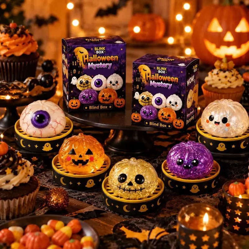 2 PC Large Halloween Squishy Dumplings In Steamer 10 CM Total each Glitter Gel Random Surprise  AND One Free Halloween Squishy Butter
