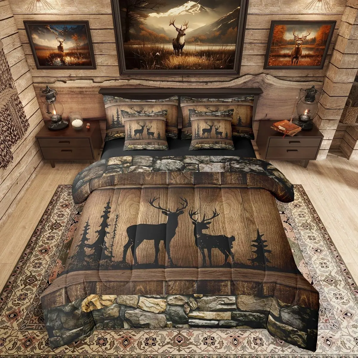 7 Piece Hunting Deer Comforter Set Rustic Cabin Western Bedding Sets with Sheets | Woodland Wildlife Print Bed in A Bag Adults Farmhouse Wooden Stone Decor Bed Set
