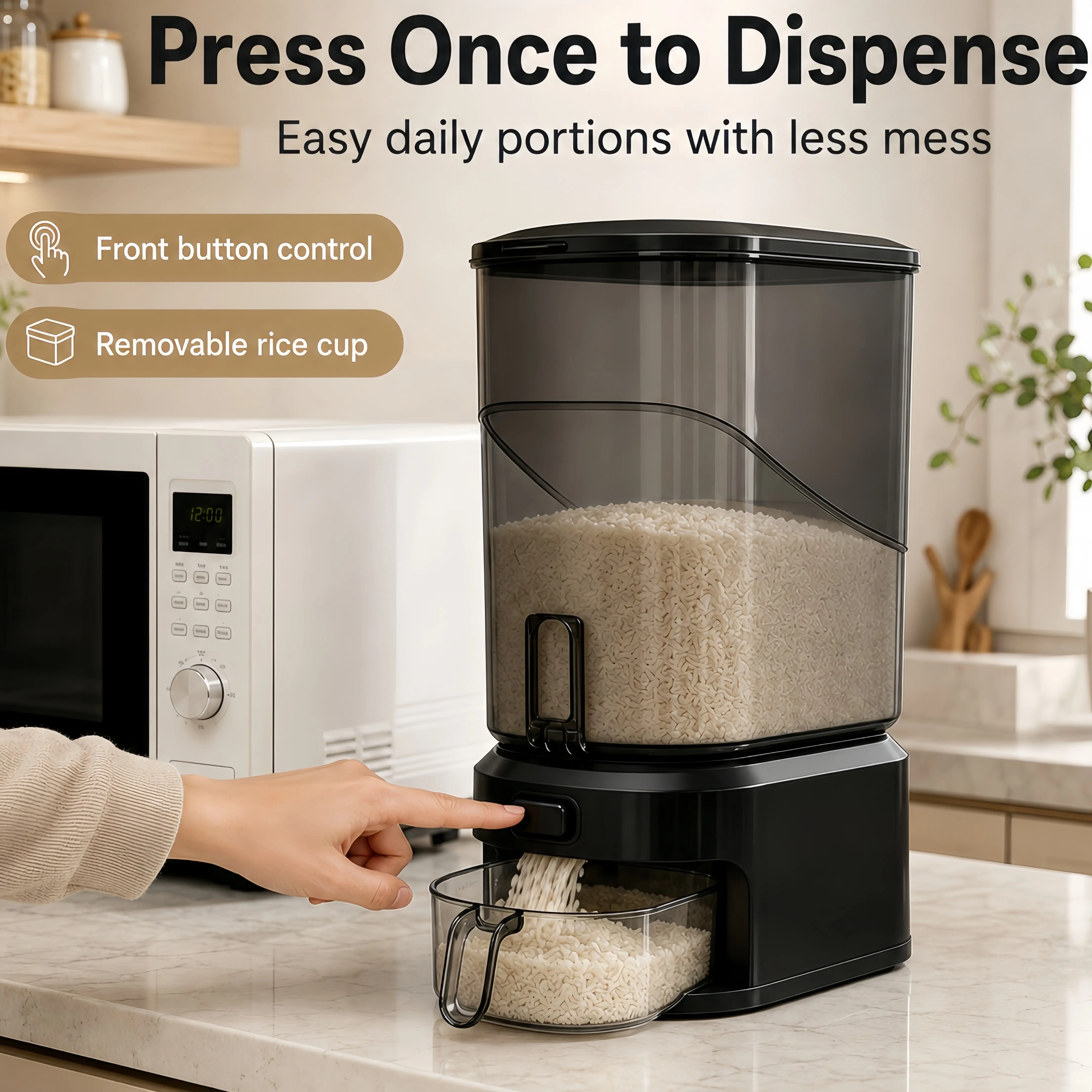 Airtight Rice Dispenser Storage Container, 7.1in Ultra Slim 1-Touch Press with Frosted Transparent Grain Bin, Removable Measuring Cup & Top Spice Box, Organizer for Countertop & Narrow Cabinets
