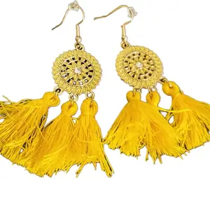 Gold Tassel Earrings with Yellow Tassels and Rhinestone Accents for Women's Fashion