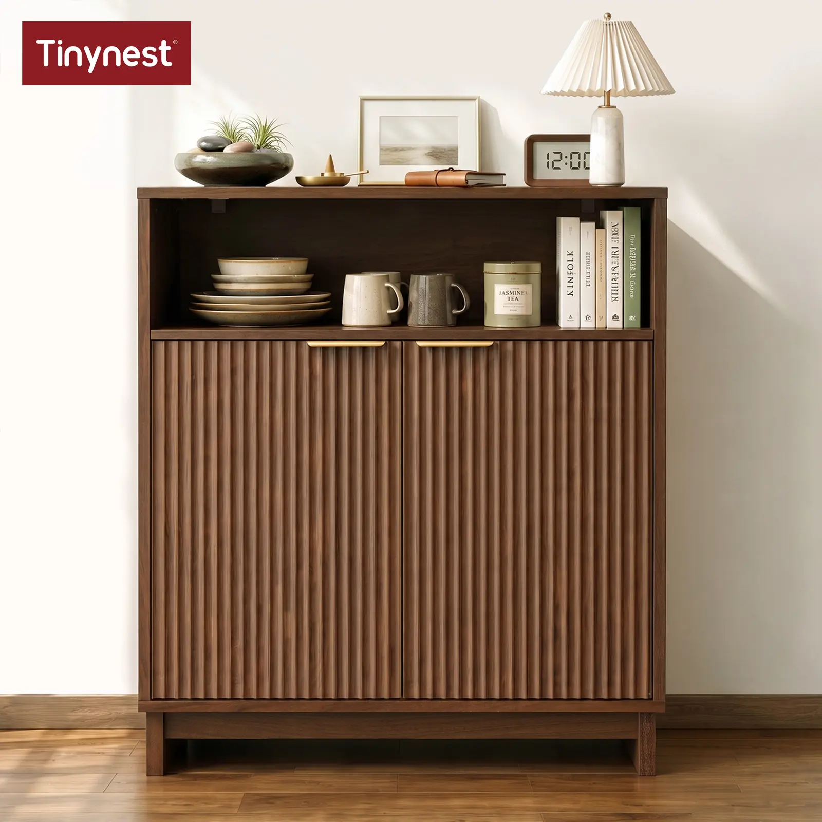 31.5 inch Buffet Cabinets With Storage, Fluted Wood Kitchen Sideboard, Mid Century Modern Coffee Bar Cabinet Pantry With Door & Adjustable Shelves, Console Table For Entryway, Living Room, Dining Room, Hallway, Bathroom