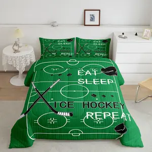 Ice Hockey Comforter Set,Ice Sports Games Comforter,Eat Sleep Hockey Ball Pattern Bedding Set,Gaming Sports Theme Green Bedroom Home Decor Quilt Set