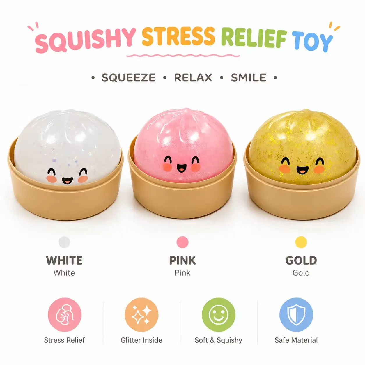 Giant Rainbow Glitter Dumpling Squishy - Cute Squishies, Soft Sensory Friendly Fidget Toy with Steamer Box, Relaxing ASMR Translucent Smiley Face Stress Relief Toy, Soft Sensory Fidget
