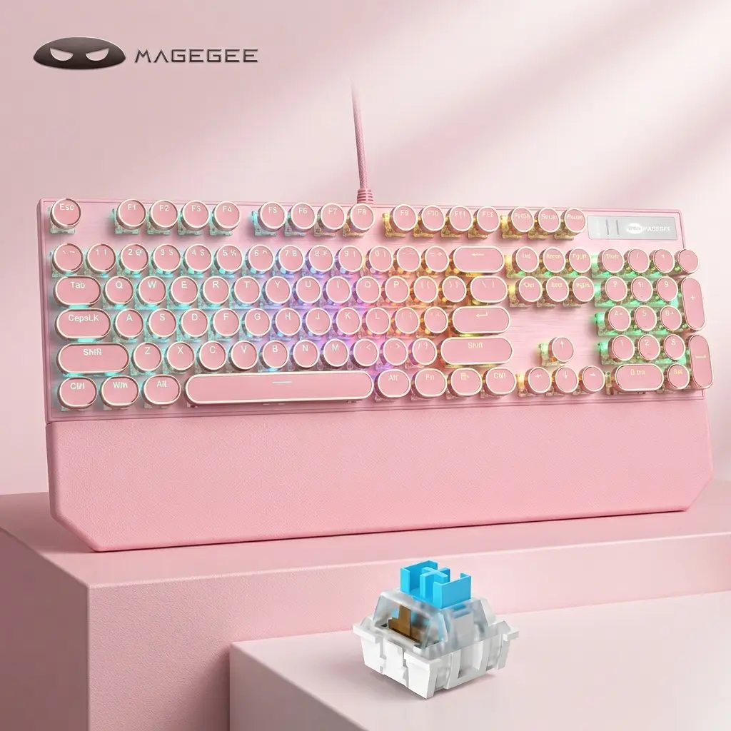 MageGee MK-Storm Wired Mechanical Keyboard, 104-Key Full Size Punk Retro Typewriter Style, Aluminum Alloy Panel, Backlighted Clicky Keys, MK-Punk Black-Blue Switch, Ergonomic Durable with Magnetic Wrist Rest Wristpad, PC Gaming Accessories, Clicky Keyboar