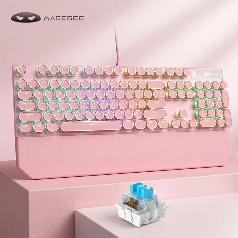 MageGee MK-Storm Wired Mechanical Keyboard - 104-Key Full Size Punk Retro Typewriter Style, Aluminum Alloy Panel, Backlit Keys, MK-Punk Black-Blue Switch, Ergonomic Durable, Magnetic Wrist Rest, Clicky Sound, Mechanical Feeling, PC Accessory
