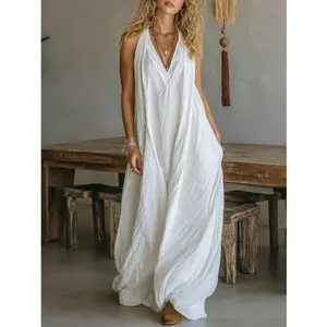 2026 Long Flowy Dresses for Women Cotton Linen V Neck Dress Sleeveless Summer Beach Dress Casual Maxi Dresses for Vacation