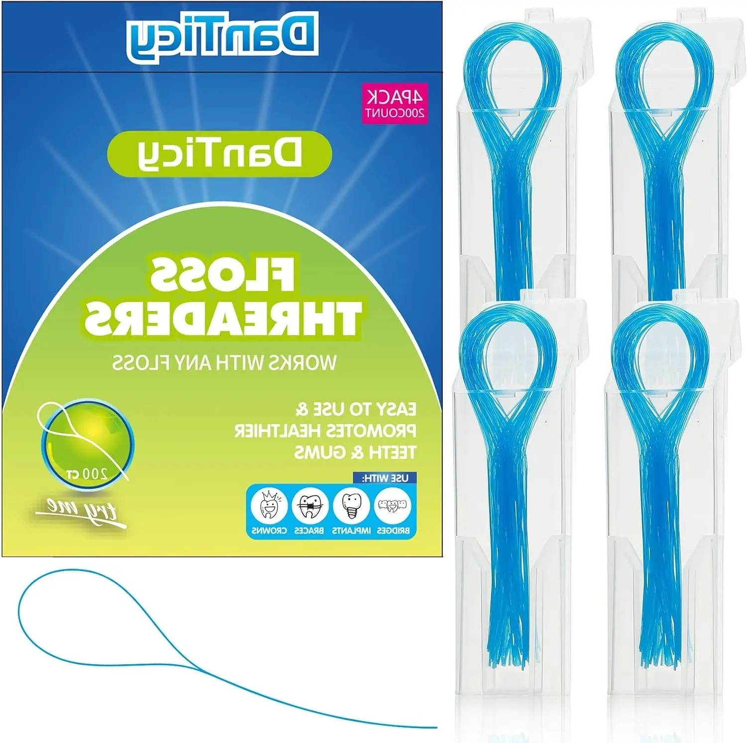 Deep Clean Dental Floss Threaders for Braces, Bridges, and Implants, 200 PCS (4 Pack), Blue