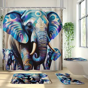 1PC/4PCS - Elephant Shower Curtain Set, Including Waterproof Shower Curtain With 12 Plastic Hooks, Bathroom Anti-slip Floor Mat, Toilet U-Shaped Mat, Cover Mat, Bohemian Oil Painting Animal Elephant Bedroom Modern Cool Home Bathroom Decor