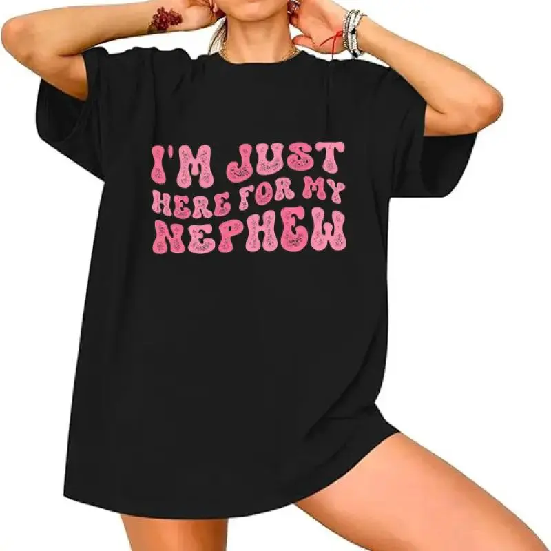 Aunt-Uncle Casual T-Shirt, "I'm Just Here For My Nephew" Graphic Clothes, Playful Family Bonding Apparel, All Seasons Sports Top, Check Return Policy, Tshirt, Round Neck