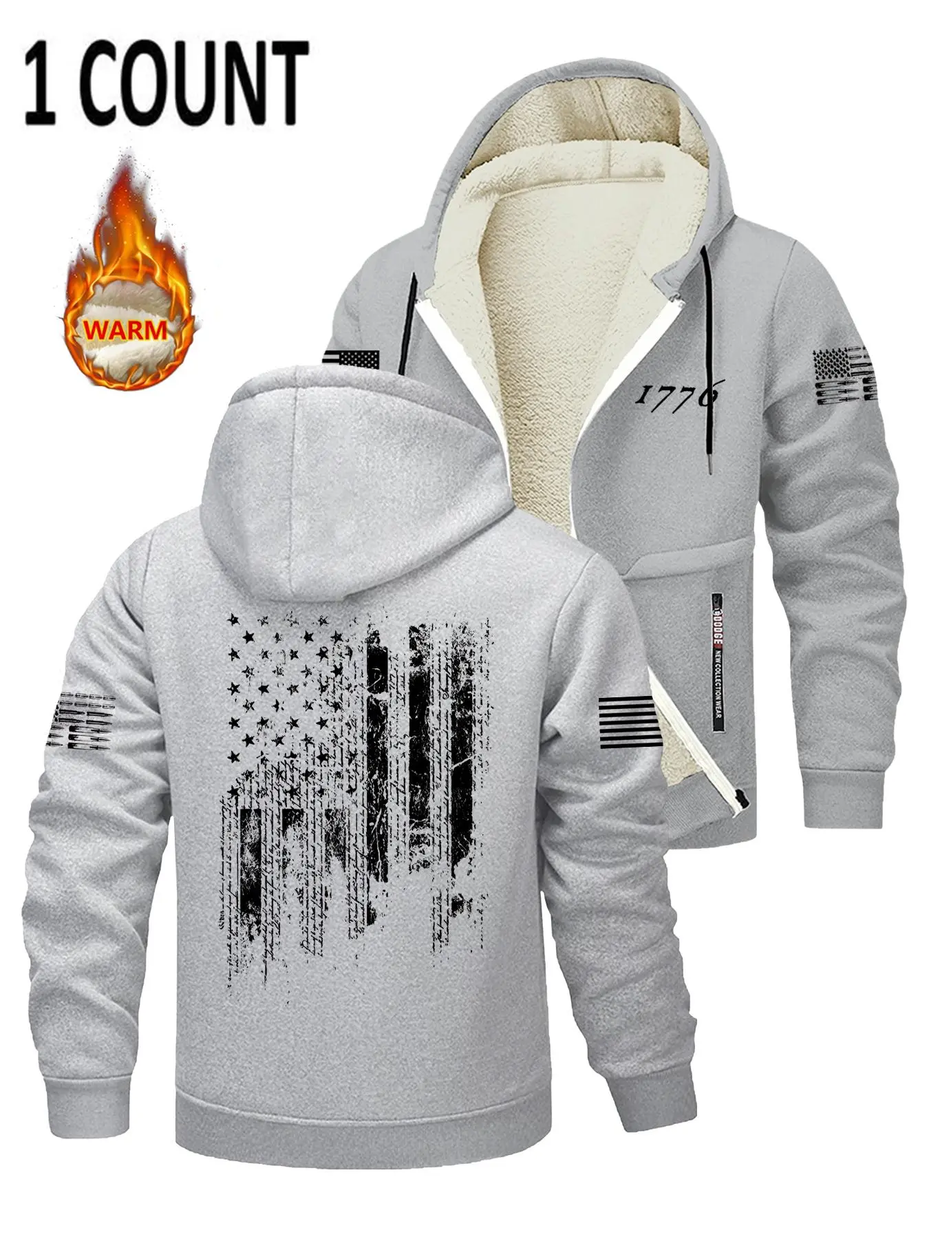 Men's Fleece-Lined Zipper Hoodie Jacket, Flag Print, Soft Comfortable Inner Lining, Casual Fashion for Cold Weather, Fall & Winter
