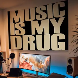 Music is My Drug' Tapestry - Bold Black and Golden Wall Art, Machine Washable - Ideal for Bedroom, Living Room, Dorm Decor, Perfect Gift,