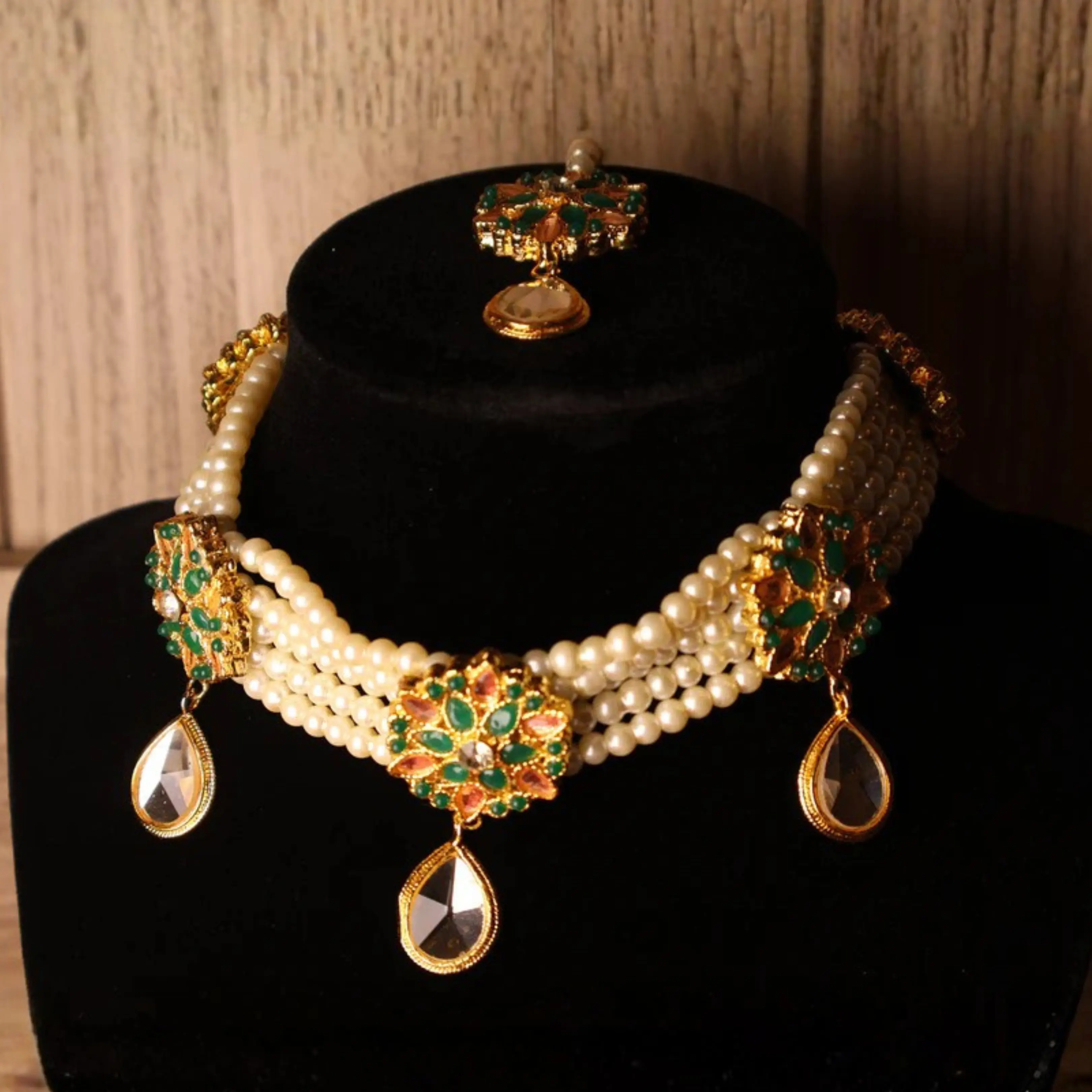 MEENA Multicolour Pearl & Gold Kundan Choker Set with Tikka & Earrings | South Asian Indian Pakistani Festive Jewelry
