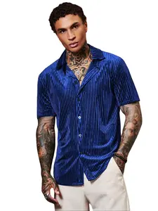 Men's Velvet Drawstring Gemstone Blue Short Sleeve Shirt, Plaid Fabric, Soft Comfortable Material, Casual Style, All Seasons