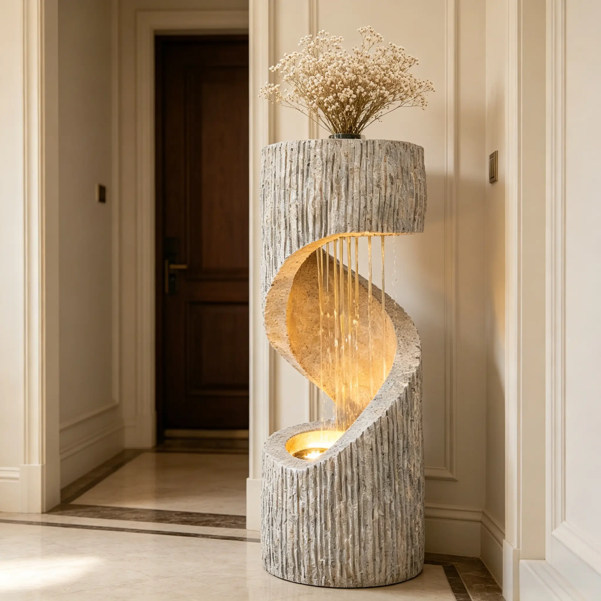 30 Inches Tall Stone-Textured Modern Spiral Garden Fountain with LED Light, Built-In Planter Top, Pump, Zen Cascading Water Feature, Table Top Fountain (10.63" L × 10.63" W × 29.92" H) for Indoor Outdoor Patio Decor, Birthdays Gift