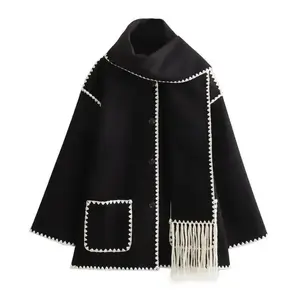 French Elegant Blends Coats Scarf Tassel O Neck Pockets Contrast Color Wool Jackets Loose Design Tops 2025 New Women's Clothing