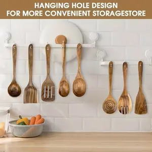 Wooden Utensil Set 8 Pieces, Durable Easy Clean Natural Teak Cooking Spoons, Scratch Resistant Kitchen Tools with Scraper, Spatula, Spoon