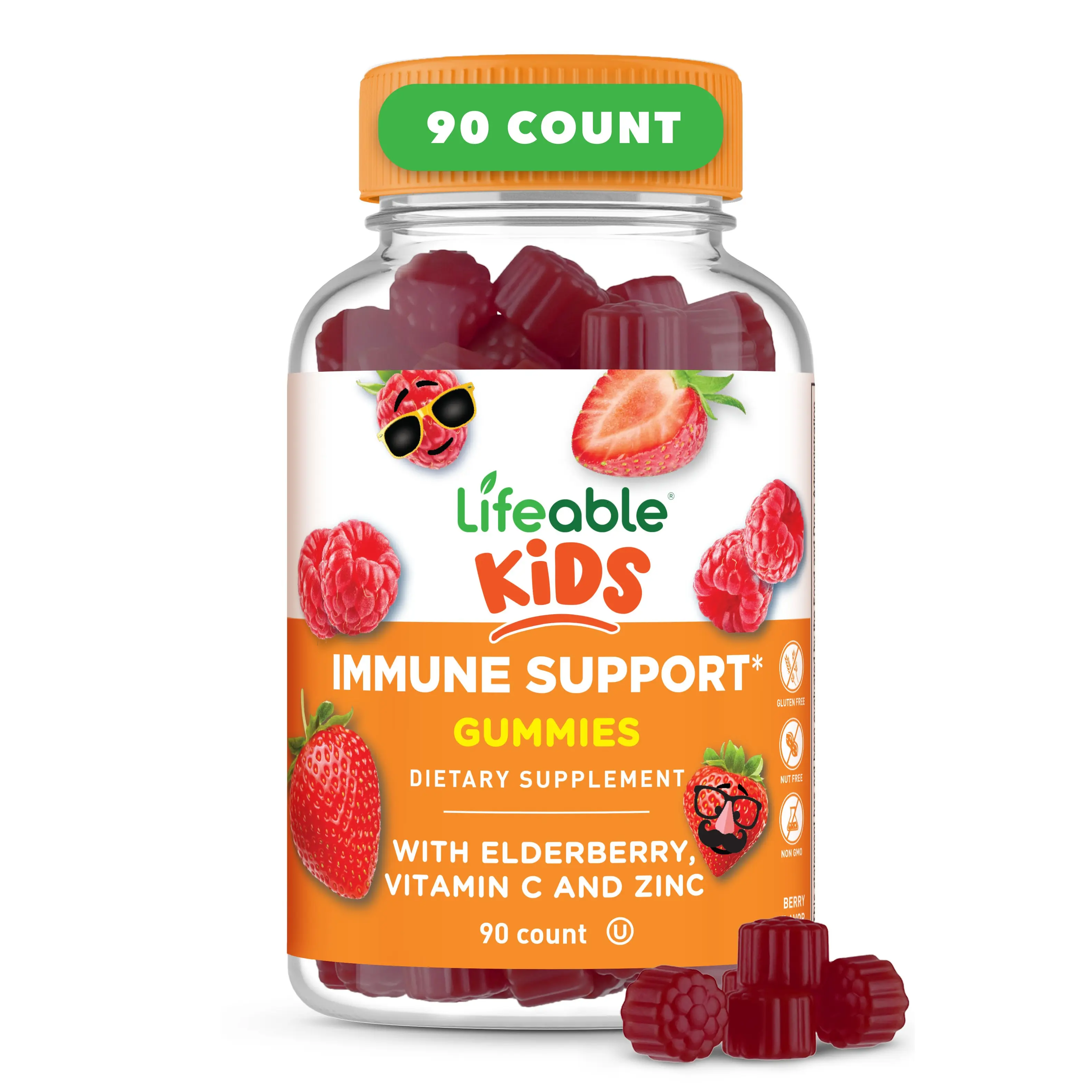 Lifeable Kids Chewable Immune Support Wellness Supplements - Natural, Kosher, Halal, Dairy-Free, Antioxidant Gummies with Elderberry, Vitamin C, Zinc, 90-Count Bottle, Children