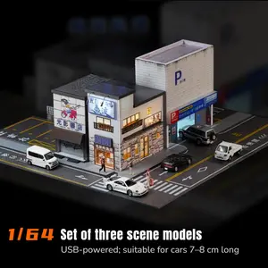 1/64 Scale Diorama Car Garage Model LED Lighting City Street View Repair Workshop Model Car Parking Lot Scene Display Building Model For Hot wheels Model Car Display case Collection Gift