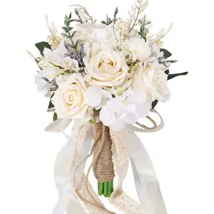 7.5 Inch Champagne Artificial Rose Bouquet, Bride Bridesmaid Wedding Decoration, Fake Flower Arrangement for Special Occasions