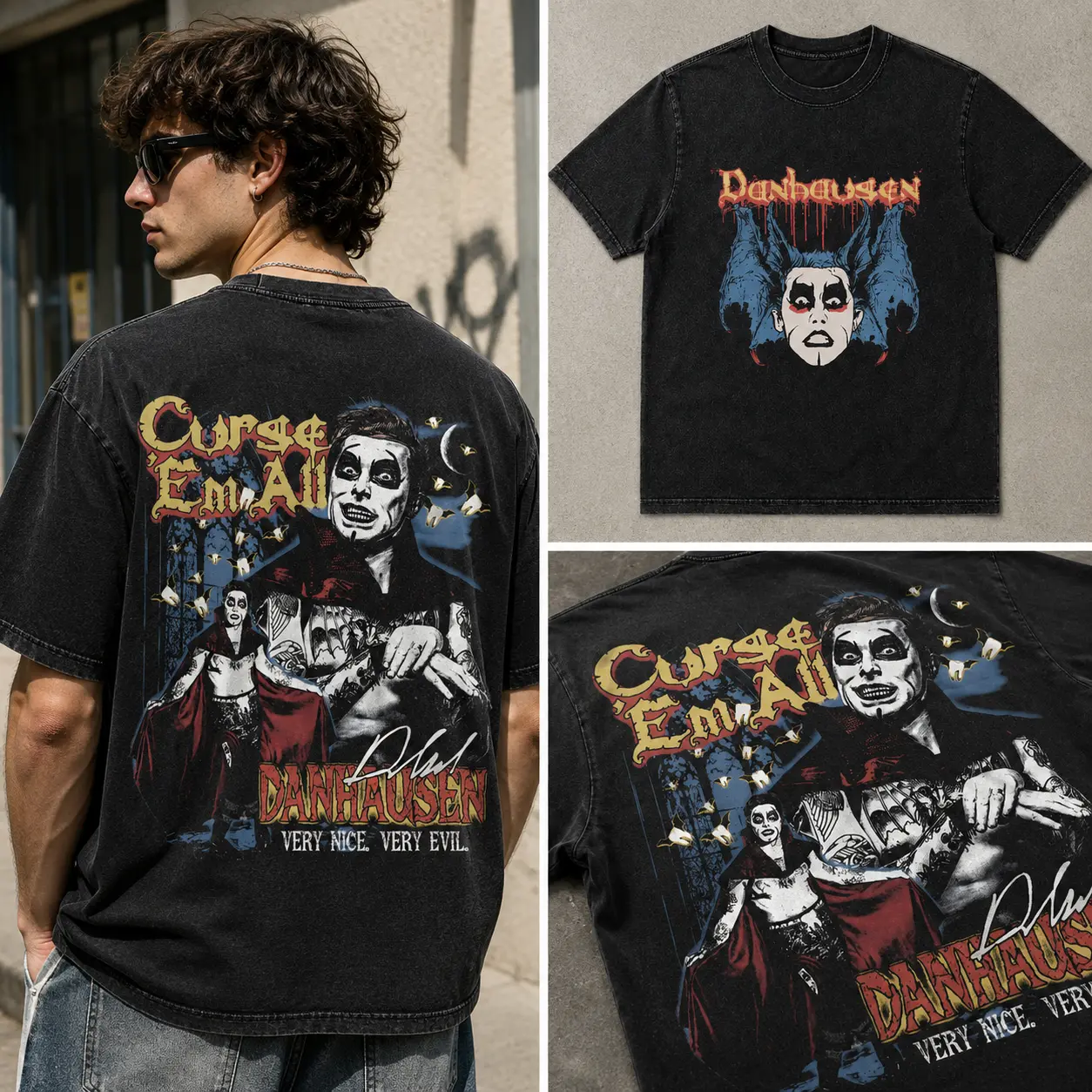 Menswear Danhausen Washed Graphic T-Shirt, Gothic Wrestling Streetwear Tee with Front Portrait Art and Curse ’Em All Back Print for Casual Wear