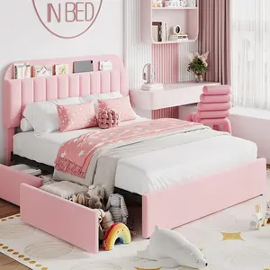 Twin Size Bed Frame with 2 Flexible Drawers, Boucle Upholstered Platform Bed Frame with Bookcase Headboard, Bedframe for Kids/Girls, Easy Assembly, No Box Spring Needed, Noise Free