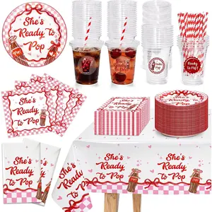 194PCS Shes Ready to Pop Baby Shower Decorations Sets, Retro Soda Decor include Disposable Cups with Lid Straws Plates Napkins Tablecloths for Gender Reveal Pregnancy Newborn Party Supplies- Serve 48