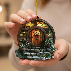 Hobbit Door 2D Acrylic Ornament, LotR Inspired Christmas Decoration,Fantasy Round Door Tree Ornament,The Shire Inspired Art