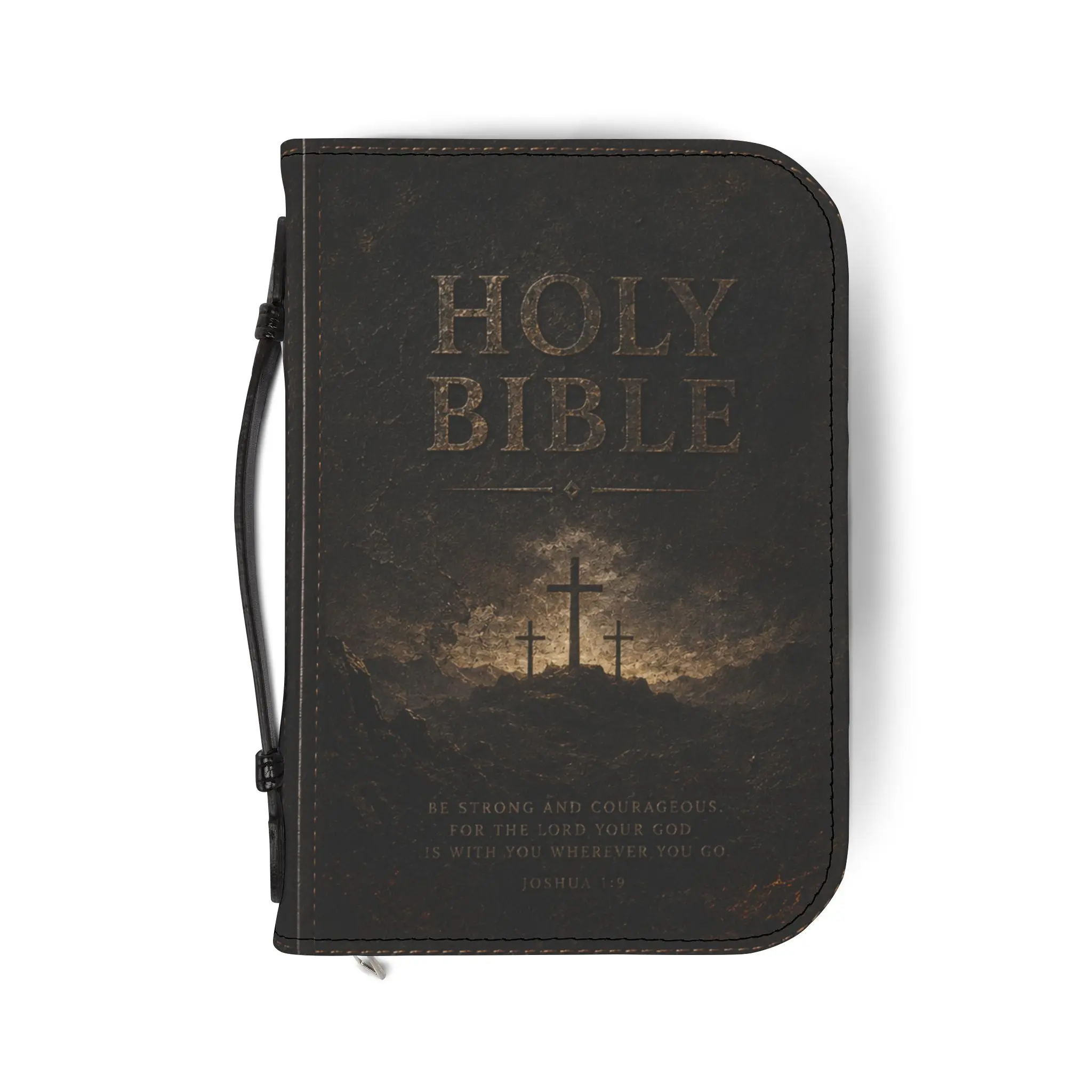 100% PU Leather Bible Cover - Protects Bible, Multi-Size, Zip-Around Close, Dark Weathered Textures, Subtle Cross Motif, Black Handle, Easy Care, Interior Pockets, Neat Stitching, Church Christian Gift for Study Groups, Fits Most Bibles