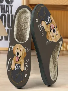 Pocket Golden Retriever Cookie Theme Cotton Slippers, Dark Base, Soft Plush Lining, Casual Home Wear, Fall & Winter