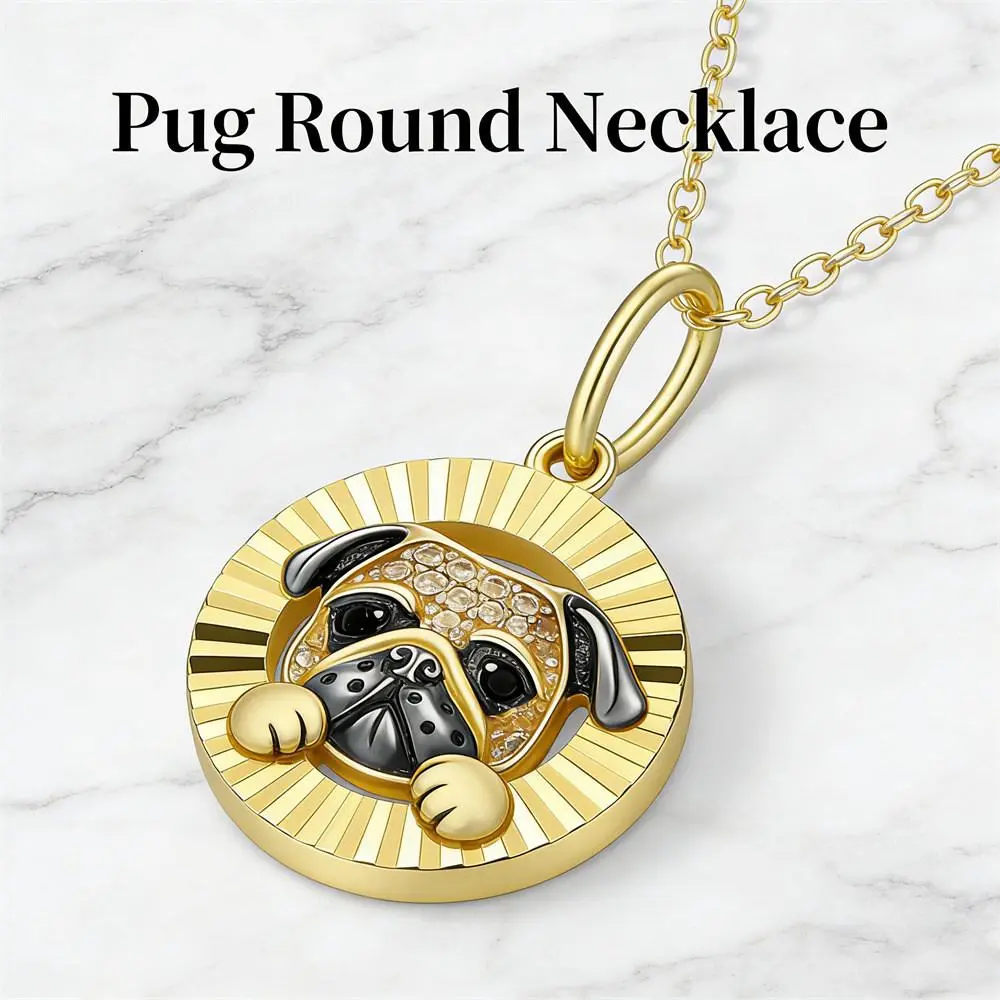 Women's Pug Round Necklace, Cute Sunburst Dog Pendant with Sparkling Rhinestones, Zinc Alloy with Metal Coating, Fashion Jewelry for Wedding, Happy Birthday, Valentine's Day Gift, Birthday Ideas, Long Chain, Pug Owners, Christmas, Female, Casual, Animal