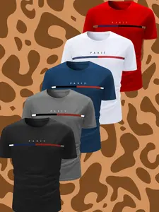Men's Paris Tropical Print T-Shirt Set, Short Sleeve Round Neck, Fashion Classic Striped Design, Soft Breathable Quick Dry Fabric, Casual Daily Wear, Menswear, Streetwear