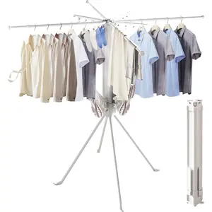 Foldable 4-Legged Clothes Drying Rack, Stable Laundry Drying Rack with Sock Clips & Shoe Holders, Large Capacity Collapsible Drying Stand for Indoor Use