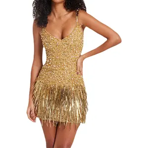 Women Wrapped Sleeveless Off Shoulder Sequined Tassels Dress