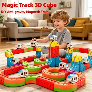 Magic Rail Cube Electric Train Set for Kids 3D Racing Track with Electric Magnetic Train & Traffic Signs STEM DIY Toy for Boys Girls Aged 3,5,6,8,10 Birthday Gif trail cube Gravity-Defying