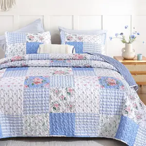 Sets Twin Size Floral Set 2 Pieces Bedding Set Bedspreads Blue Comforter Blanket with 1 Pillow- Soft Floral Coverlet with Printed Pattern 66in.x 90in.