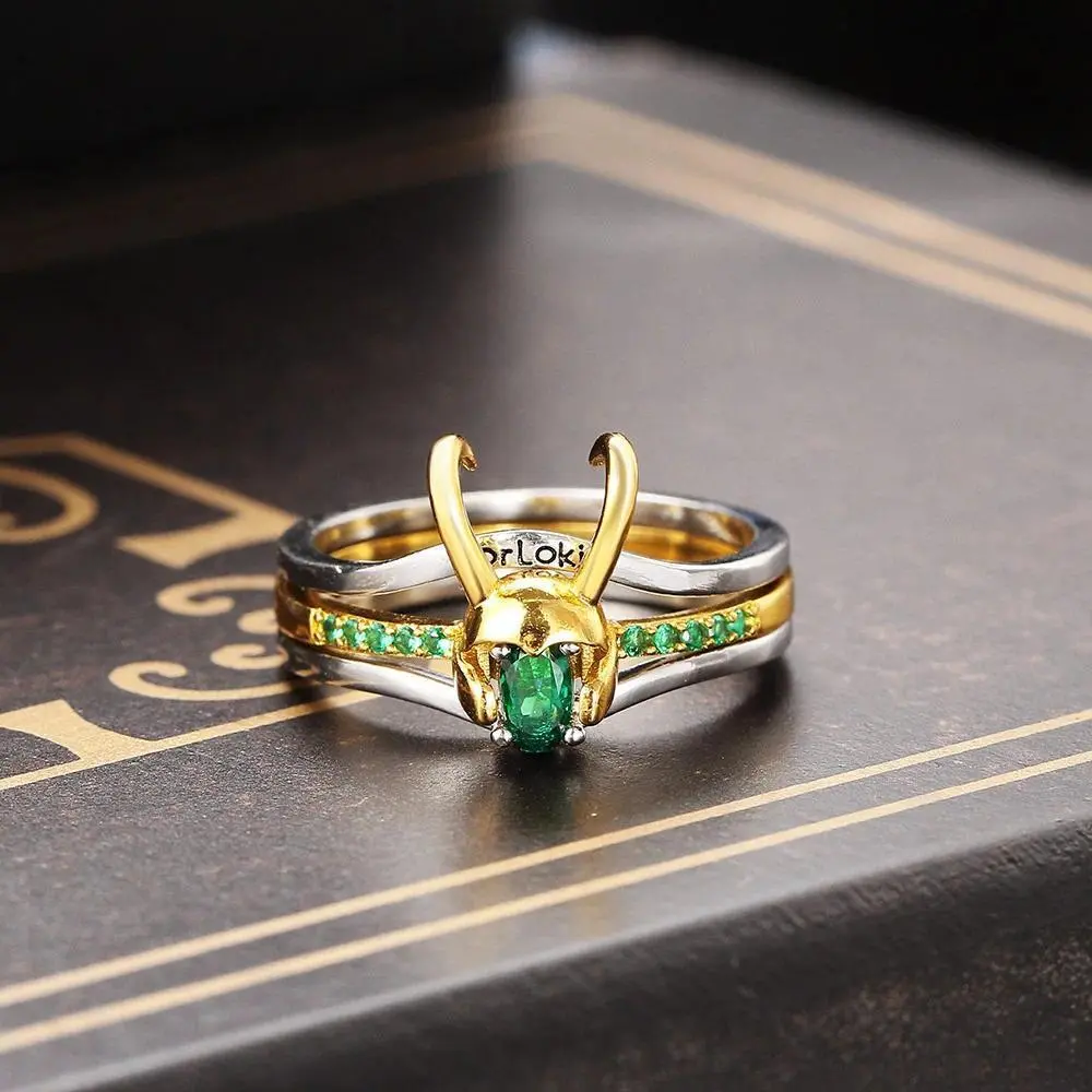 Women's Superhero Thor Green Crystal Ring Sets with Matching Crown Helmet Accents, Fashion Stackable Rings, Unisex Cosplay Costume Jewelry Accessories 03