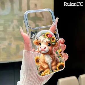 Highland Cow Sunflower and Butterfly Pattern Magnetic Phone Case for iPhone 15 Plus 17 16 Pro Max Air 14 13 12 11 Transparent Shockproof Soft Premium Stylish Durable Protection Case