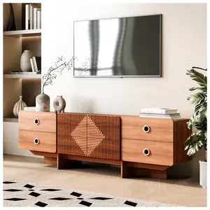 66" Boho TV Stand for 75" TV – Mid Century Media Console with Storage, Fluted Oak Cabinet
