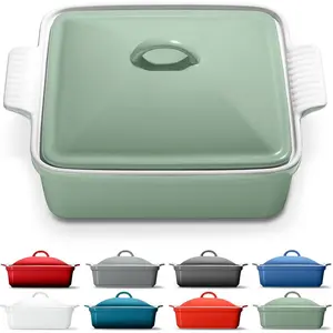 Stoneware Casserole Dish Bakeware with Lid | Covered Square Dinnerware | Large 2.5 Quart, [Sage Green]