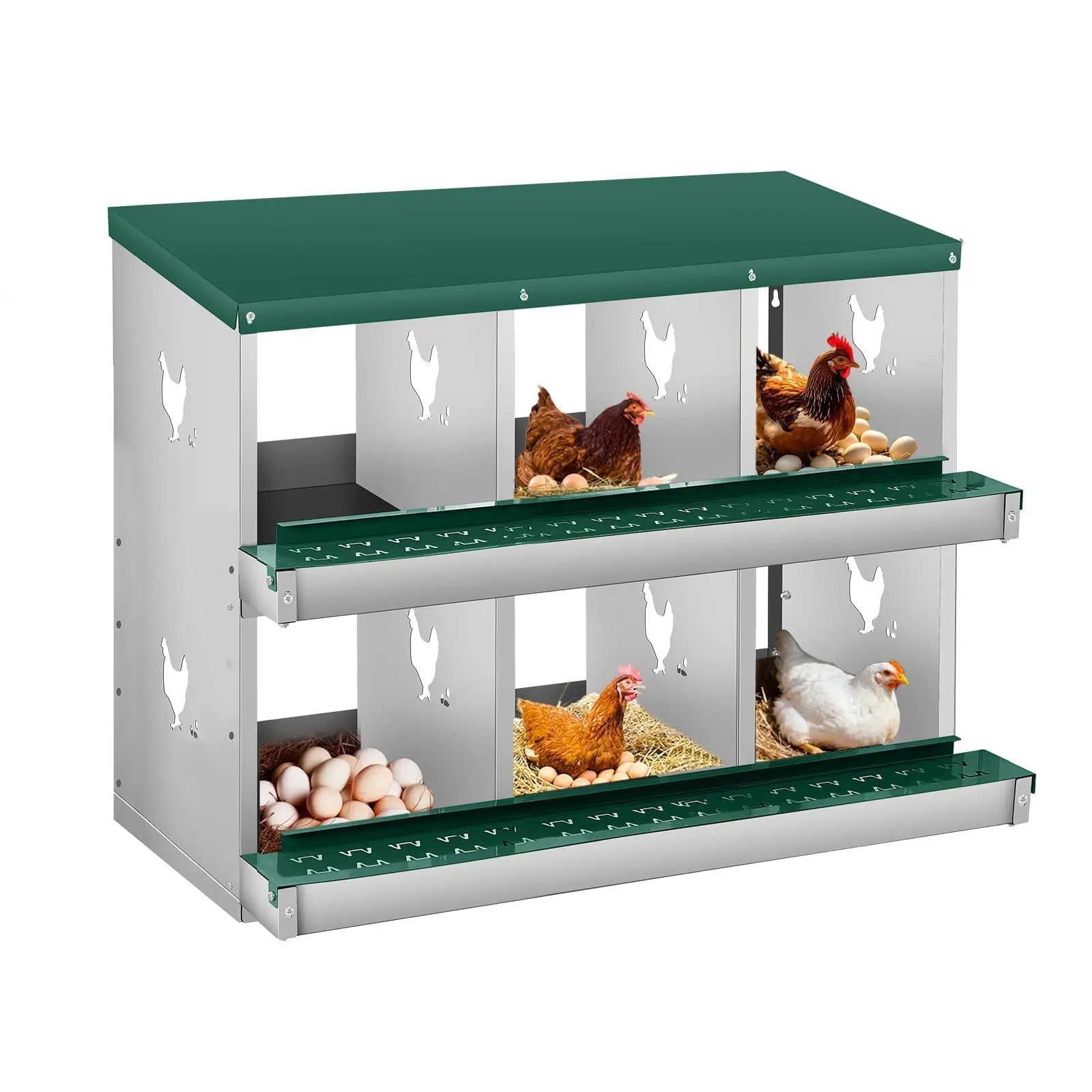 6 Holes Chicken Nesting Box, Heavy Duty Galvanized Steel Metal Laying Boxes with 10 Pads & 4 Fake Eggs, Roll Away Nesting Box Egg Collection Tray, with Roosting Pole for Chicken Coop, Green