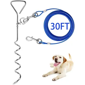 Dog Tie Out Cable and Anti Rust Spiral Stake 30ft Outside Leash&Chain for Camping and Yard 16'' Heavy Duty for Medium-Large Dogs Up to 125 lbs (30FT, Blue)