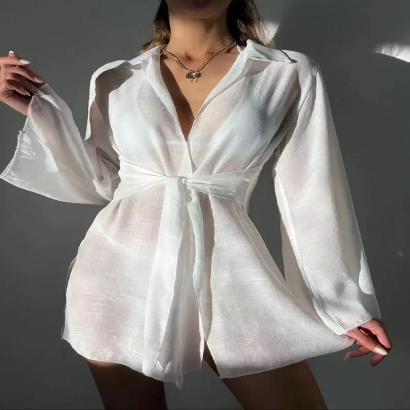 Women'sSolidSheerSplitSideTieFrontCoverUpShirt,CasualLongSleeveCollaredCoverUpforSummer,LadiesClothesforBeachHolidayVacation Top Womenswear