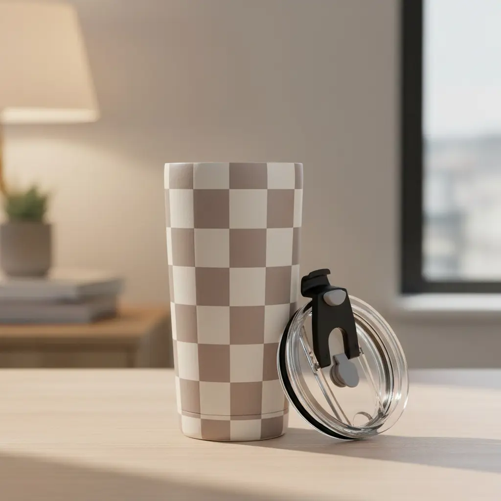 20oz Checkered Style Stainless Steel Vacuum Flask - Solid-in-Hand Feel, Double-Wall Insulated Portable Tapered Travel Coffee Tumbler for Adults, Flip Lid, ABS Construction, Anti-Scalding Classic Drinkware for Hot & Cold Drinks, Flasks, Stainless Steel Fee