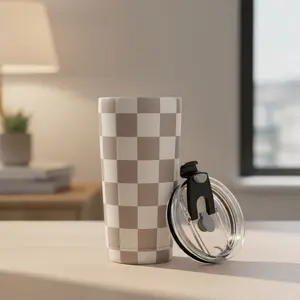 Checkered Stainless Steel 20oz Double Wall Vacuum Insulated Travel Coffee Tumbler with Flip Lid for Hot Cold Drinks Mug Flask Classic Collection - Drinkware