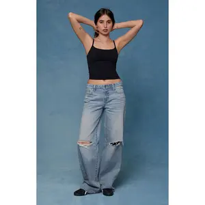 Pacsun Women's Casey Low Rise Baggy Jeans Ripped Knee Light Blue